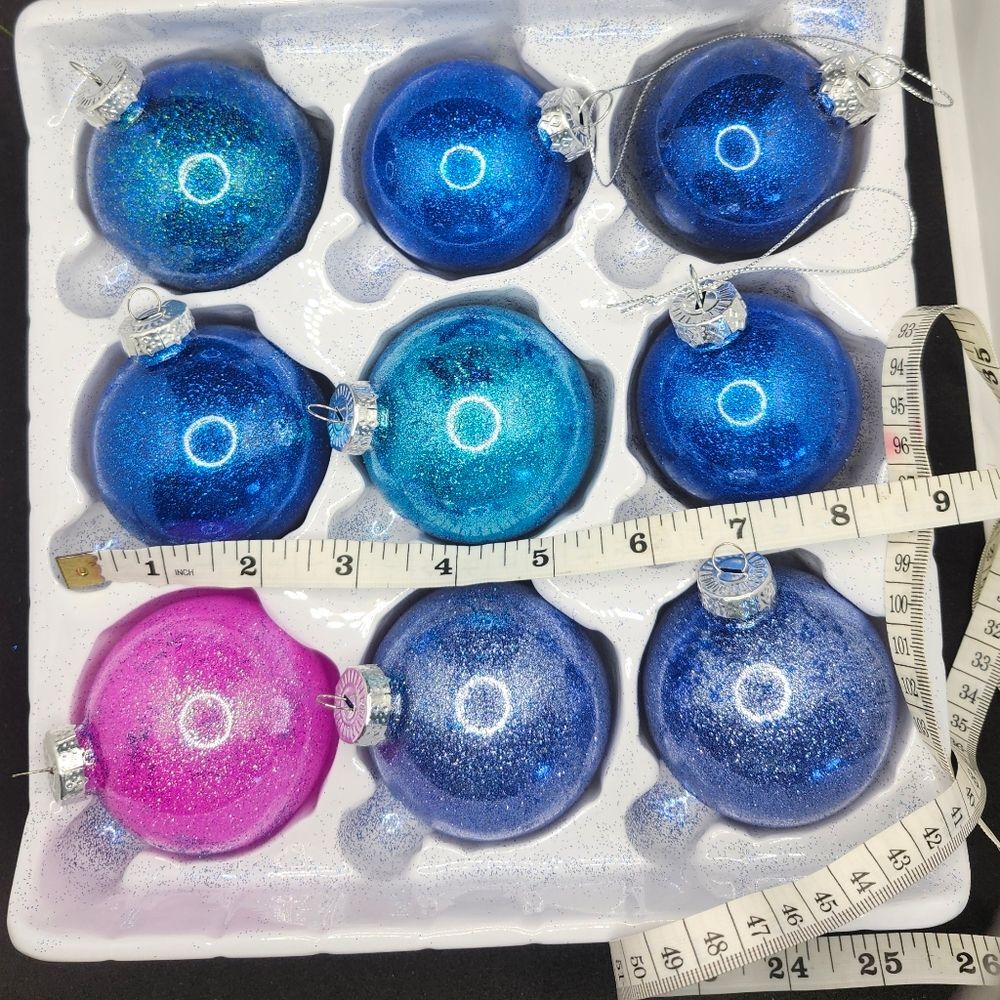 Hand Crafted Glass Glitter Christmas Ornament Bulb Set Of 9